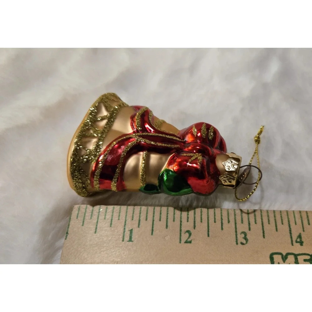 Vtg Pacconi Blown Glass Christmas Bell Ornament Red Bow Poinsettia Gold Glitter